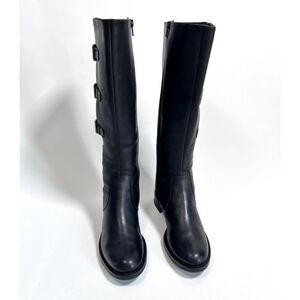 Ecco Womans Boots Tall Black Leather Boots Moto Buckle Size 36